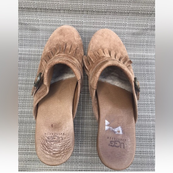 UGG Abbie Clogs Brown Suede Slip On Wood Heel Womens 8 Sheepskin Lined F8910E - Picture 3 of 11